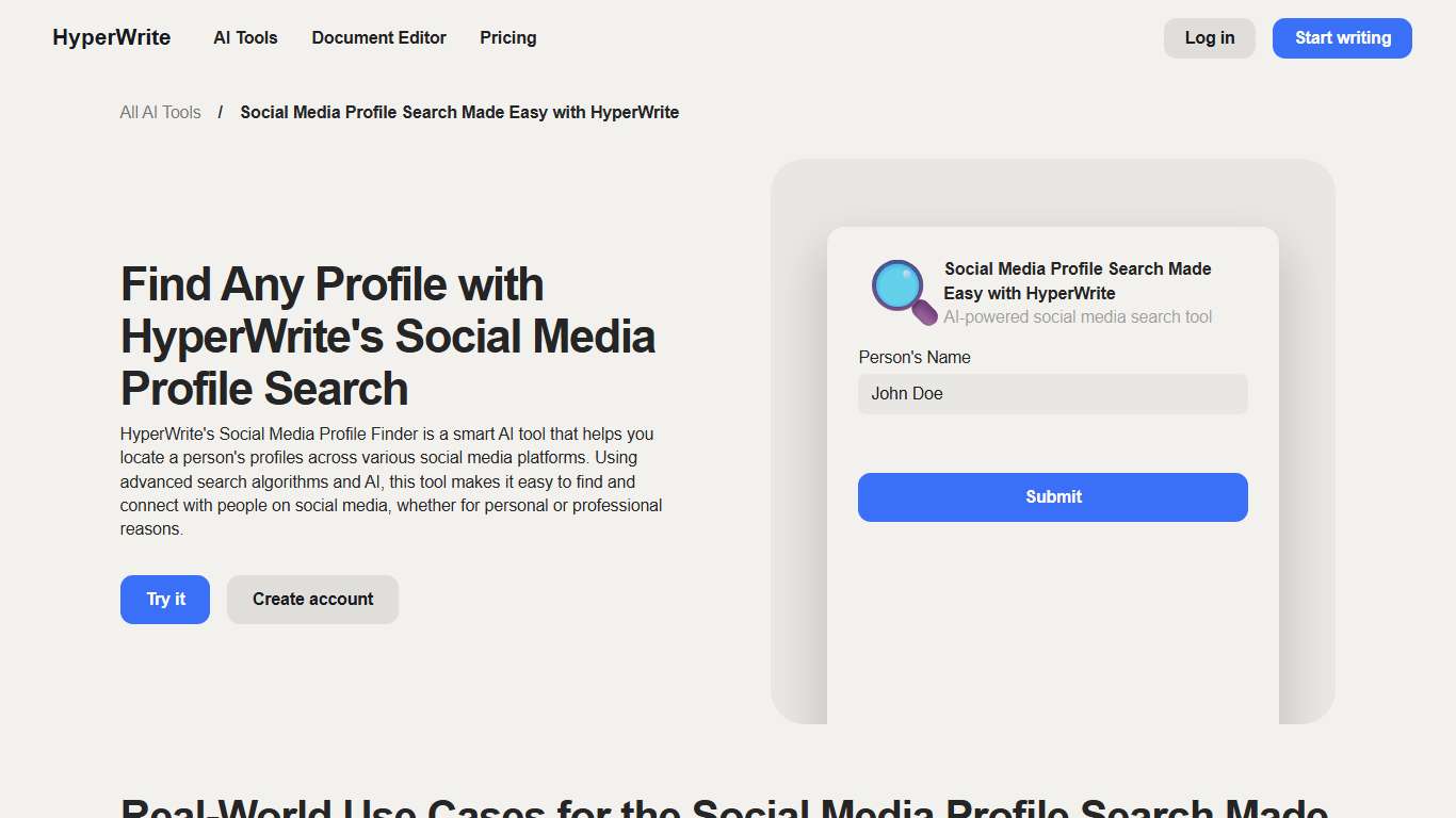 Social Media Profile Search Made Easy with HyperWrite | AI-powered social media search tool | HyperWrite AI Writing Assistant